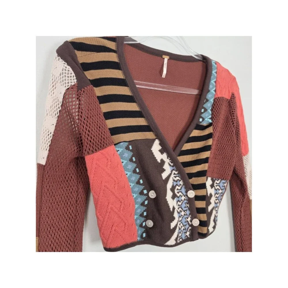 Free People Pieces Of Me Top Patchwork Knit Long Sleeve Crop Multicolor Size XS